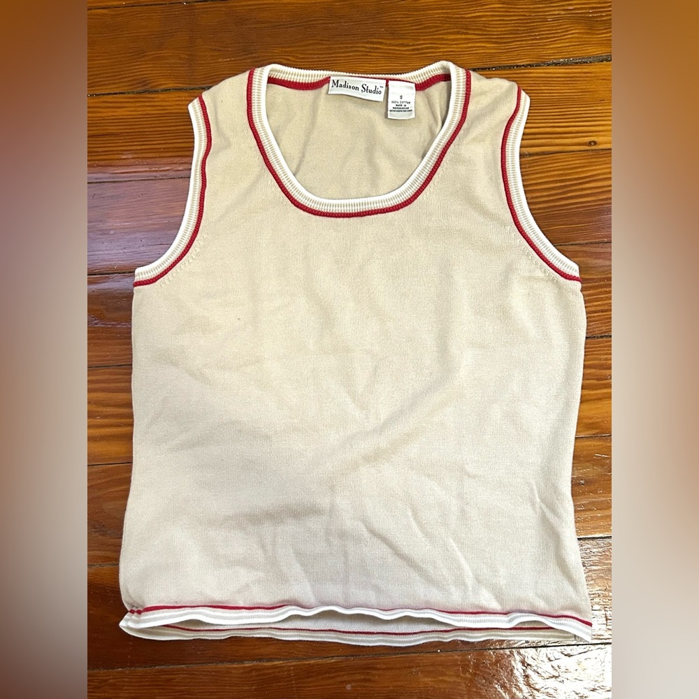Vintage 90s Madison Studio Beige Tank Top with Red and White Accents